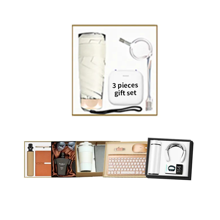 Promotional Custom Logo Gift Box Set Corporate Thank You Gifts Umbrella & Hand Fans Cute Mini Business Black & Brown