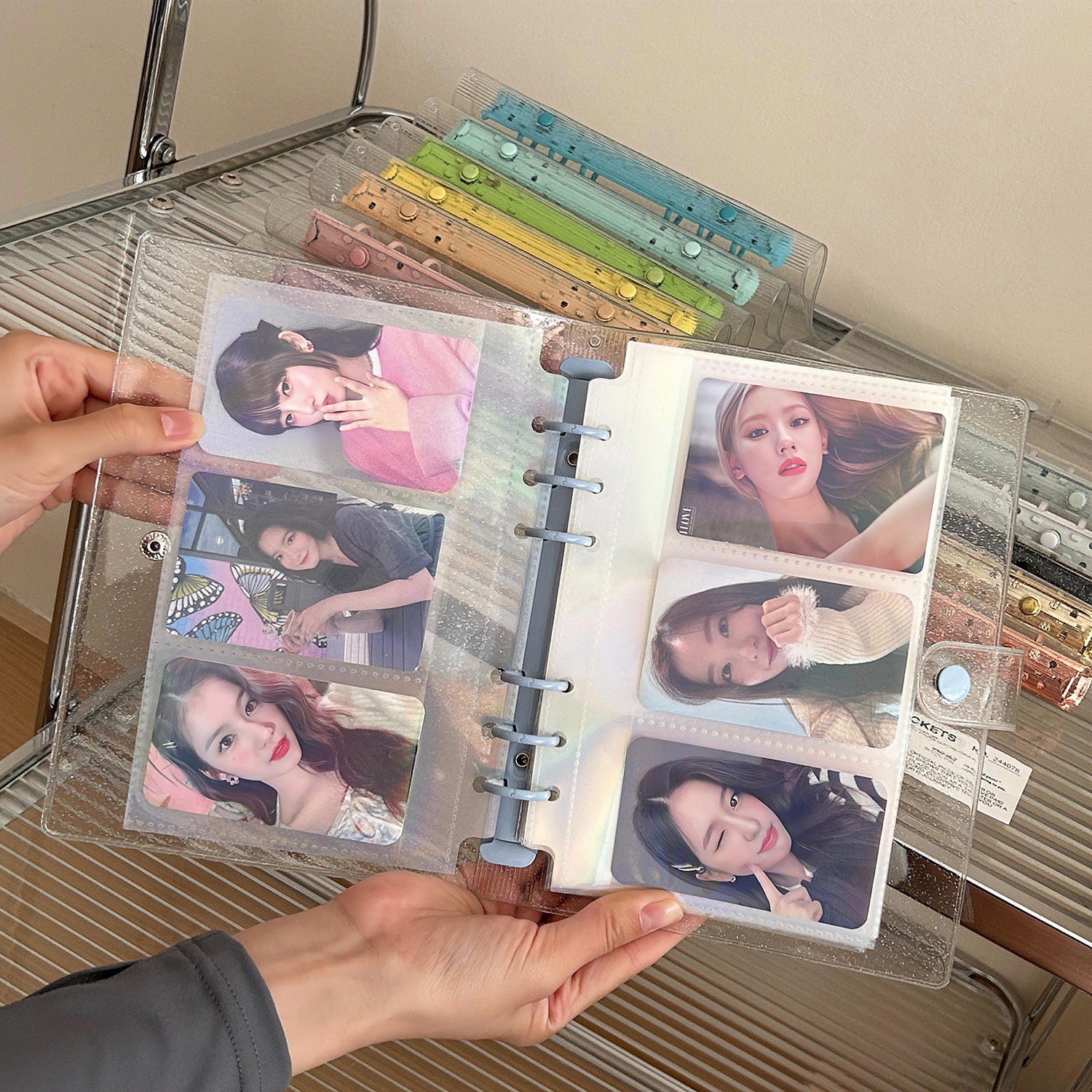 Large Size Transparent Glitter PVC A6 6 Ring Loose Leaf Binder Shell Binder with Colorful Metal Clips Cash Envelopes Binder 3