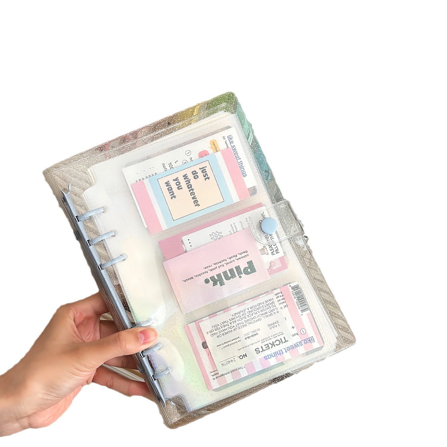 Large Size Transparent Glitter PVC A6 6 Ring Loose Leaf Binder Shell Binder with Colorful Metal Clips Cash Envelopes Binder