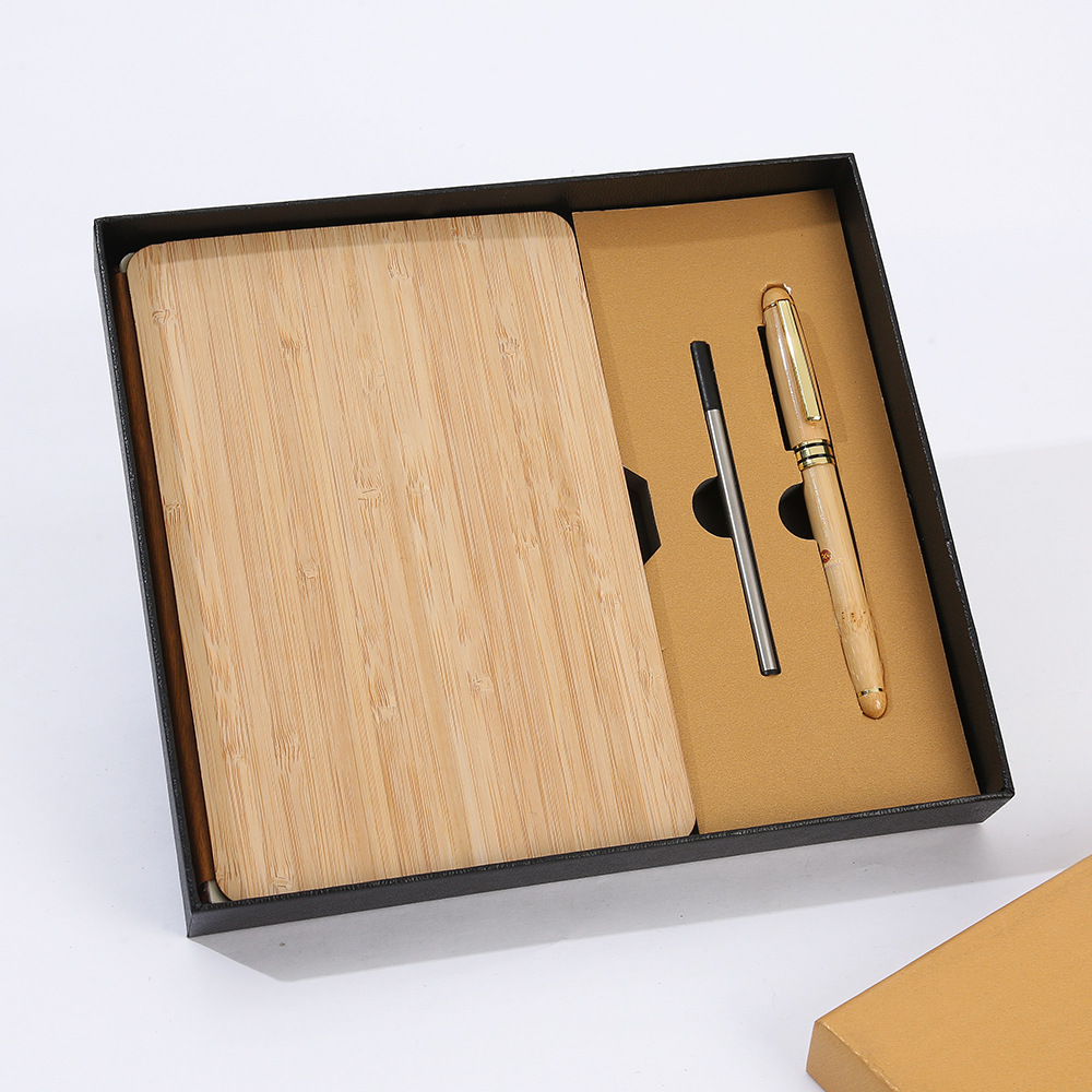 Customized Logo A5 Bamboo Journal PU Leather Color Hardback Edge Case Binding Printing Notebook Gift Set Box With Pen