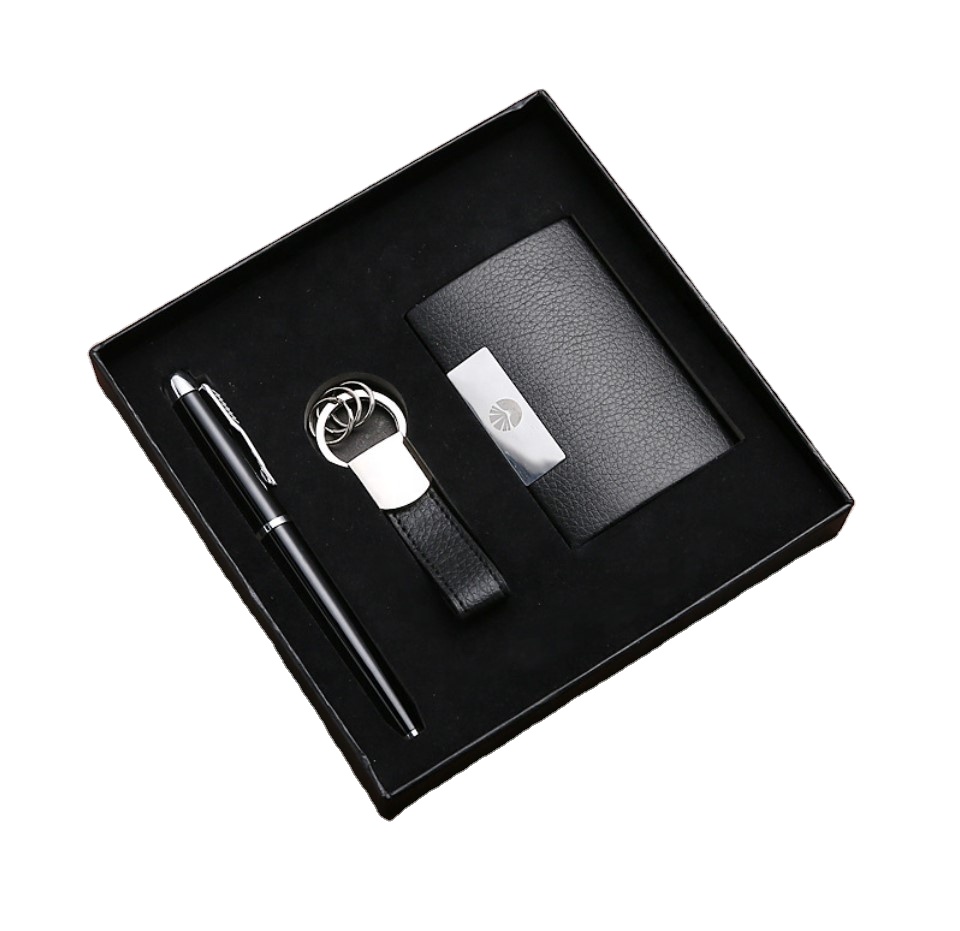 Wholesale Custom Logo Business Promotional Gift Set Pen Business Card Holder Key Chain-Paper Stainless Steel Silk Screen