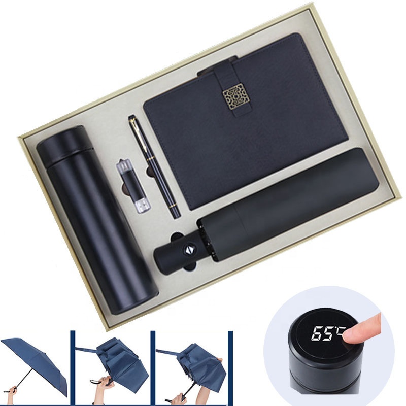Promotional Office Gift 5In1 Notebook with Pen Automatic Umbrella Thermos Flask Flash Drive Gift Box Corporate Business Gift Set 3
