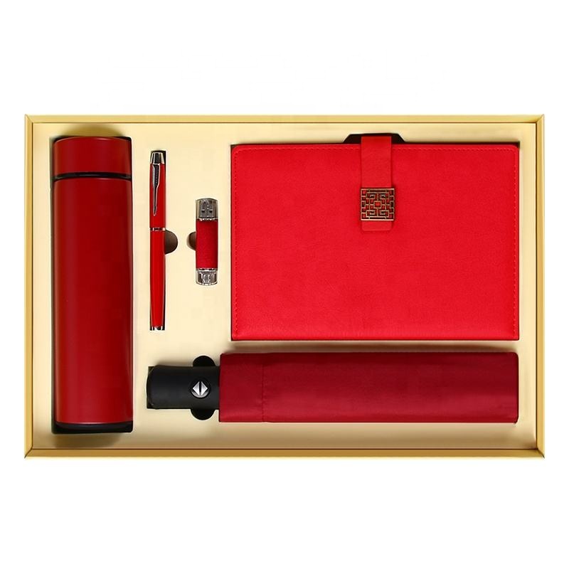 Promotional Office Gift 5In1 Notebook with Pen Automatic Umbrella Thermos Flask Flash Drive Gift Box Corporate Business Gift Set