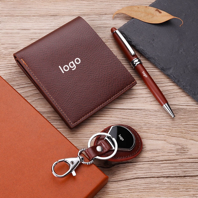 Birthday Gift for Men Business Souvenir KeyChain Wallet Set with Pen Custom Office Promotional Thank You Giveaways Gift Set 3