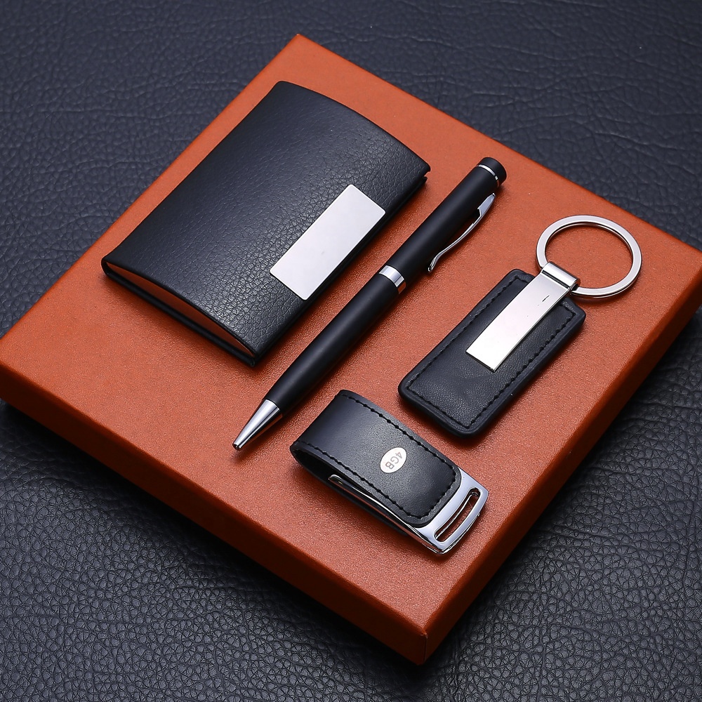 Wholesale Luxury Gift Set 4 in 1 With Keychain Card case Usb Drive and Pen Corporate Event Gift Set Customized Logo 2