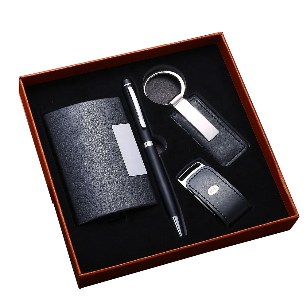 Wholesale Luxury Gift Set 4 in 1  With Keychain Card case Usb Drive and Pen Corporate Event Gift Set Customized Logo
