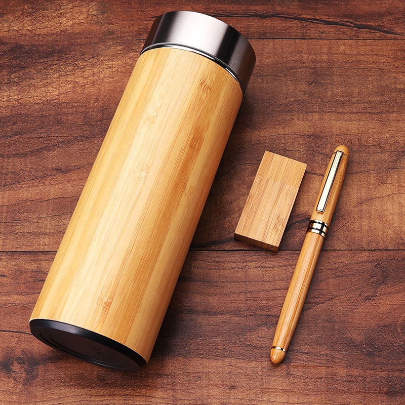 Oem Custom logo Promotional Eco Bamboo Stainless Steel Water Bottle with Pen Birthday Corporate Business Gift Set for Men 3