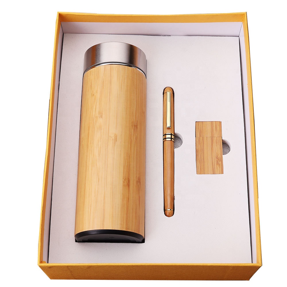 Oem Custom logo Promotional Eco Bamboo Stainless Steel Water Bottle with Pen Birthday Corporate Business Gift Set for Men