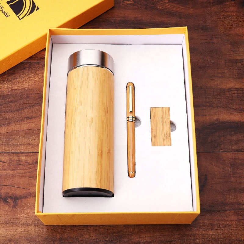 Oem Custom logo Promotional Eco Bamboo Stainless Steel Water Bottle with Pen Birthday Corporate Business Gift Set for Men 2