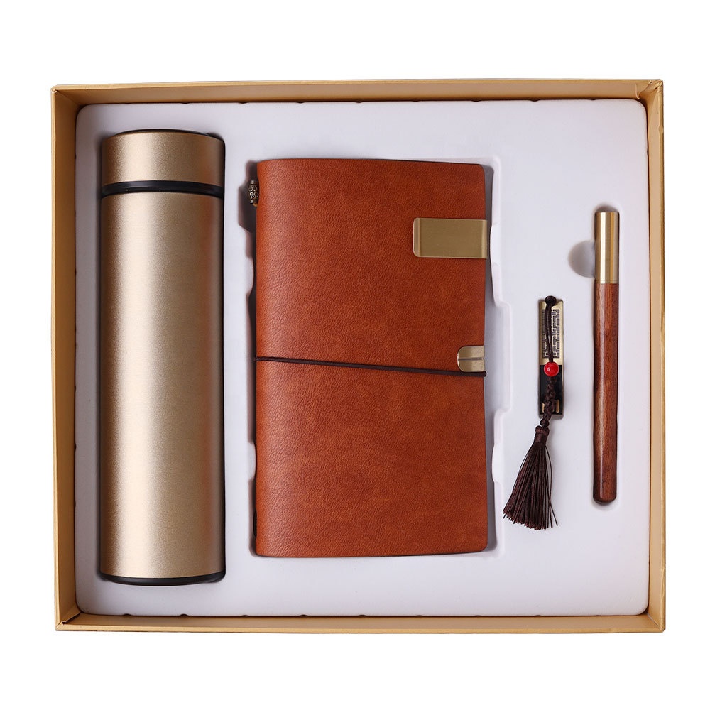 Custom Logo Corporate Men Women Business Promotional Gift Set Stainless Steel Thermos Flask A5 Notebook Silk Screen Printed