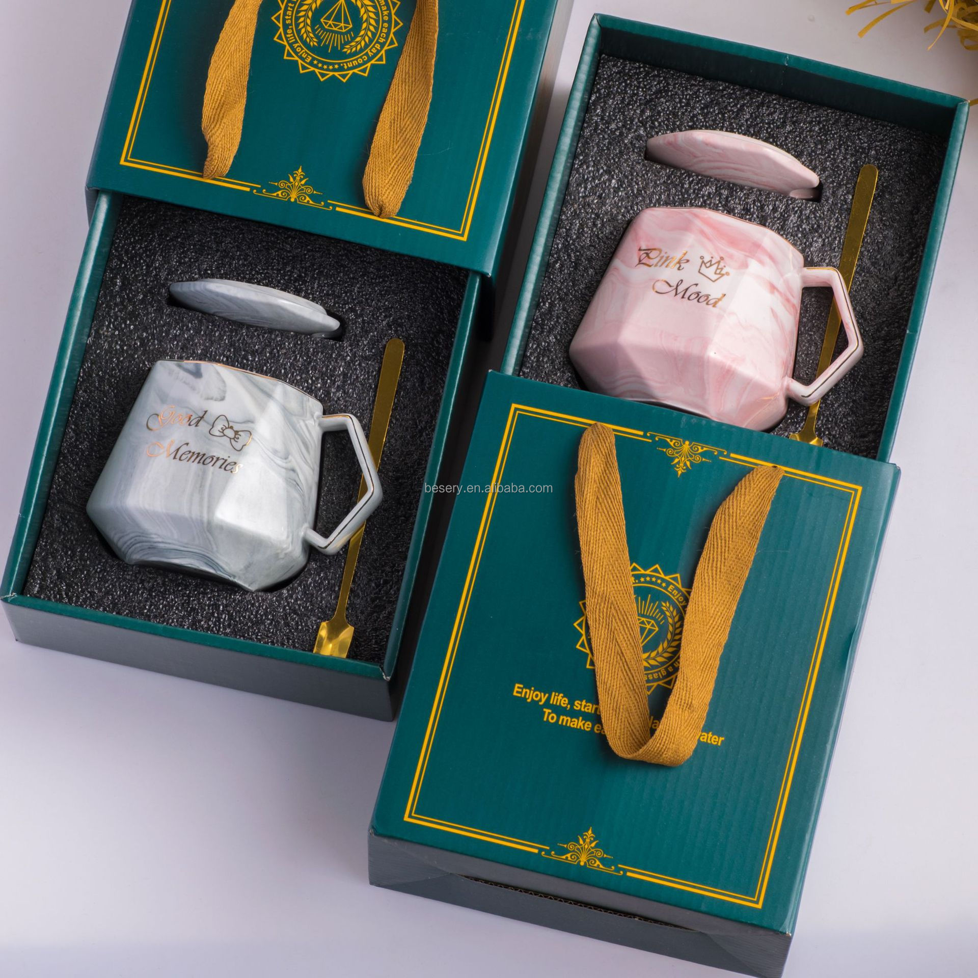 Mother's Day Souvenir Bridesmaid Couple Birthday Valentine Ceramic Tea Coffee Couple Marble Mug Cup Wedding Gifts Box Set 3