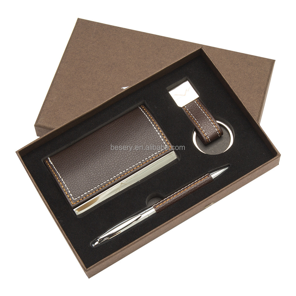 Wholesale Three Piece Luxury Business Gift Set Stainless Steel Business Card Box Keychain Pen Customizable Logo Promotional Gift