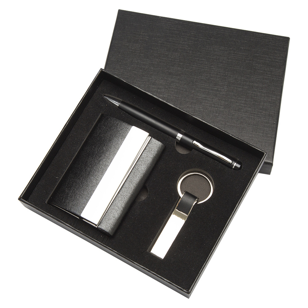 Besery Custom Logo OEM Wholesale Stainless Steel Card Holder Pen Key Chain Silk Screen Printed Corporate Teacher Gift Set