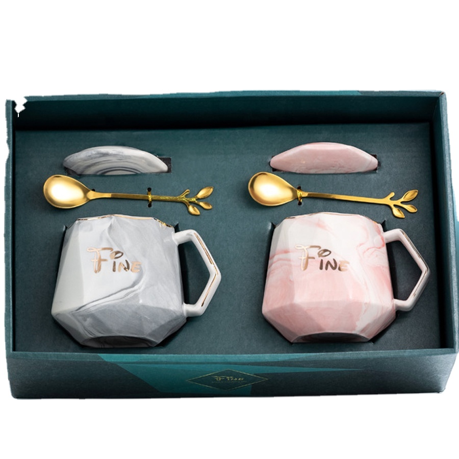 Marble Ceramic Couple Cup China Gift Wedding pink Return Mugs Box Luxury Gifts Set for Wedding Ladies Gift Items