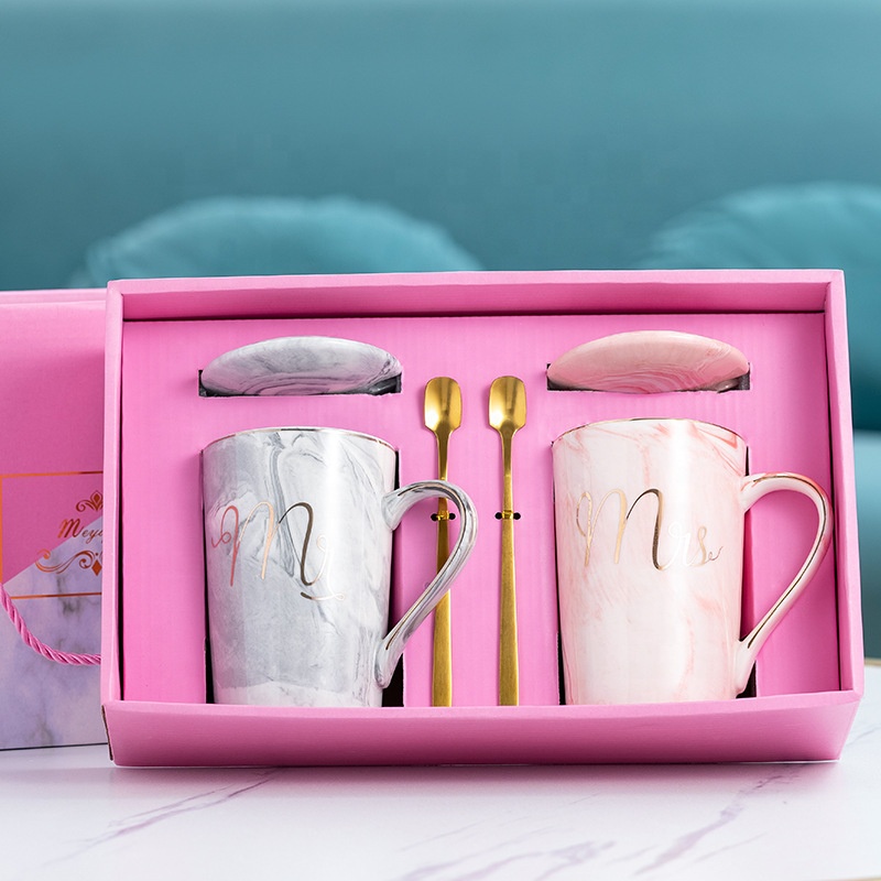 Marble Ceramic Couple Cup China Gift Wedding pink Return Mugs Box Luxury Gifts Set for Wedding Ladies Gift Items 2
