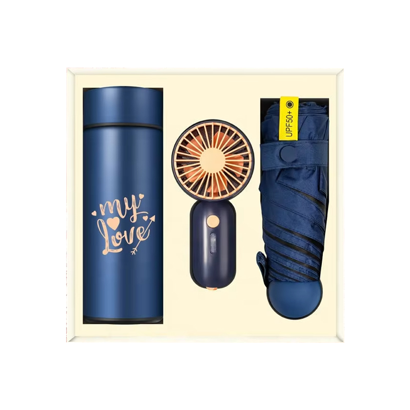 Luxury Custom logo Corporate Souvenir Gift Items Promotional Wind Speeds Mini Fan Vaccum Flask Fold Umbrella Business Gift Set