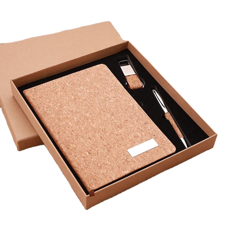 Advanced 3-in-1 Combo Set Customised Personalised Corporate A6 Cork Notebook Keychain Pen Made Metal Business Gift Sets for
