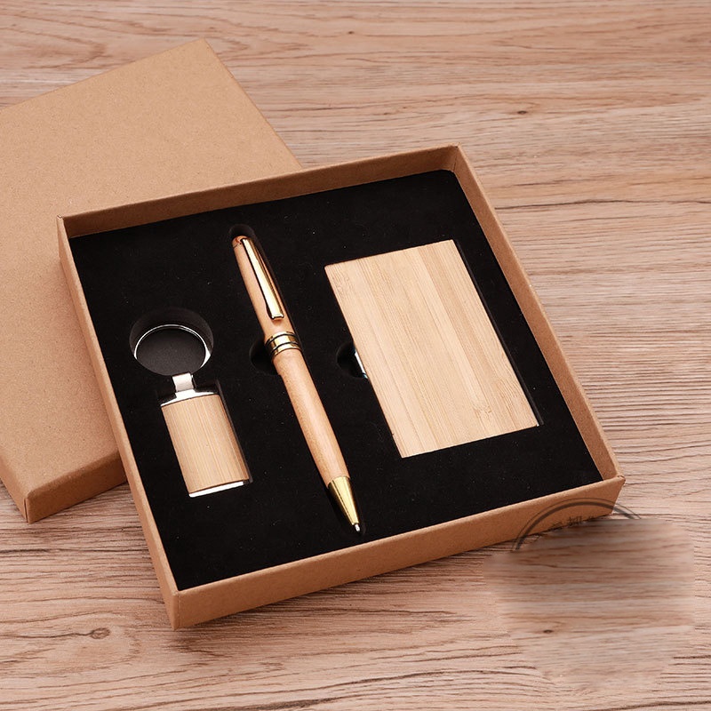 Custom Logo Corporate Wooden Gift Set Bamboo Items CardHolder Pen Keychain Luxury Fathers Day Gift Promotion Business Gift Set 2