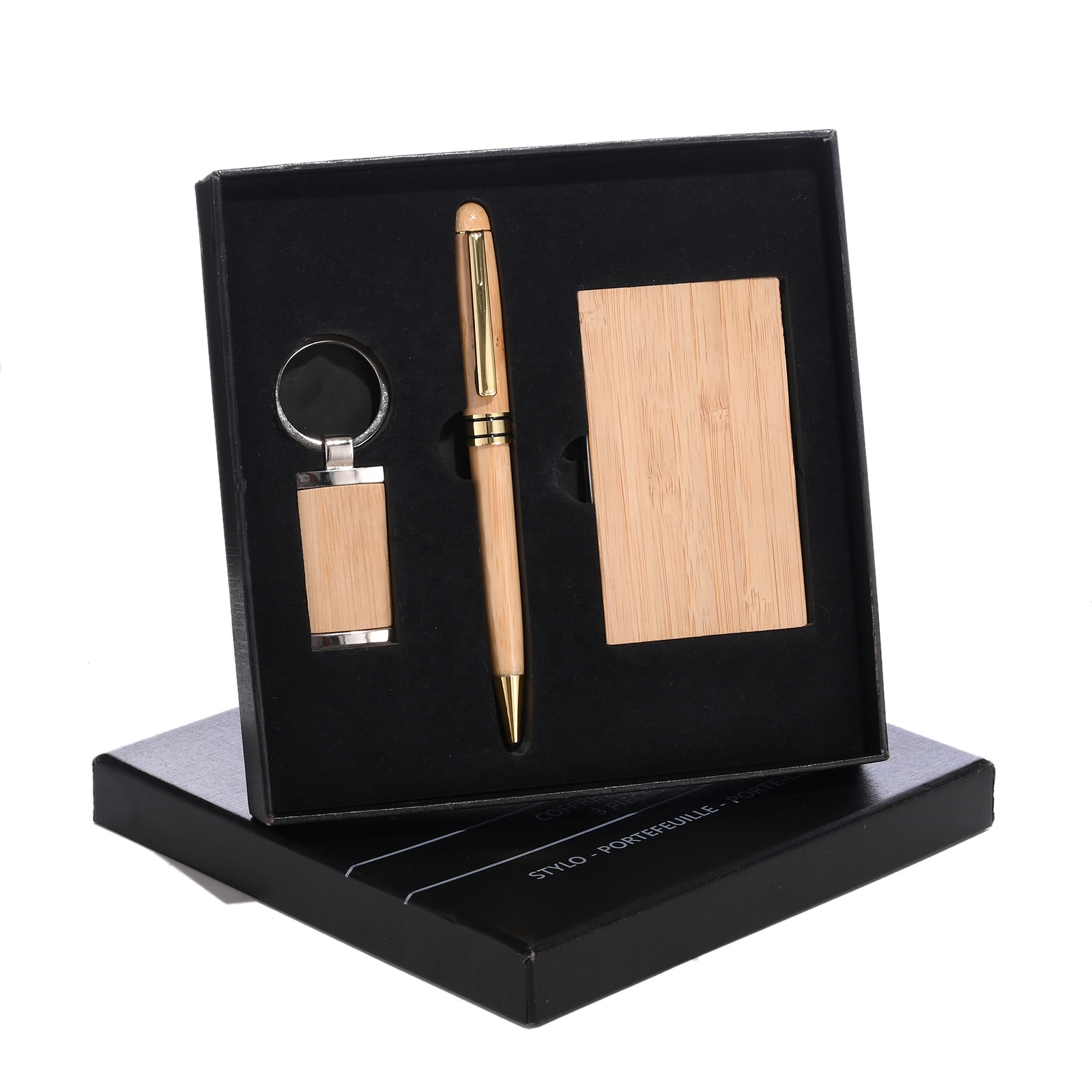 Custom Logo Corporate Wooden Gift Set Bamboo Items CardHolder Pen Keychain Luxury Fathers Day Gift Promotion Business Gift Set