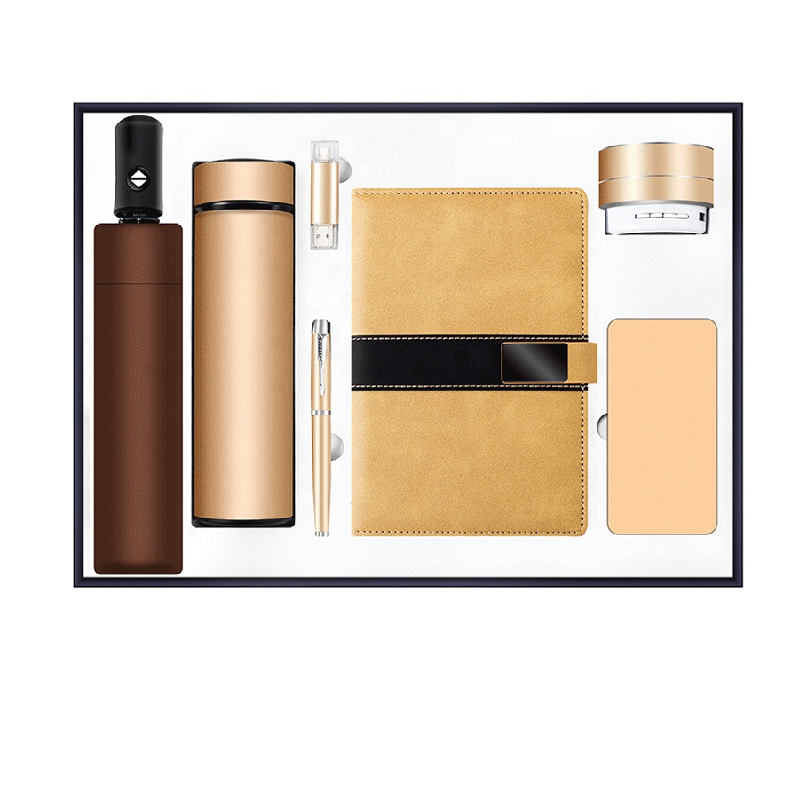 High End Luxury Custom Logo Corporate Business Gift Set PU Leather Silk Screen Printed Vacuum Cup Notebook USB Combo Keychain