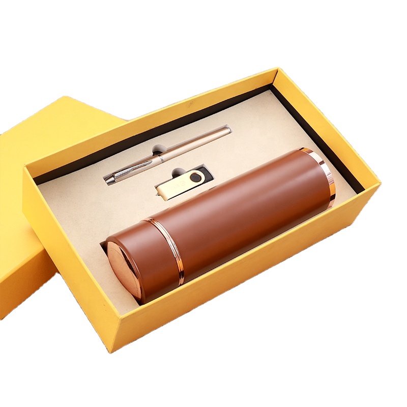 Custom Logo Corporate Luxury Metal 3-in-1 Promo Gift Set with Vacuum Flask Pen & USB Flashdrive-Business Gift Box