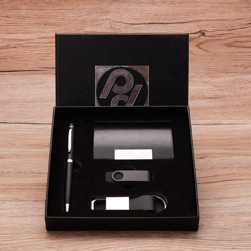 Custom Logo Promotional Waterproof Silk Screen Printed Card Holder Metal Pen Keychain Usb Flash Drive Mens Gift Box Set Luxury 2