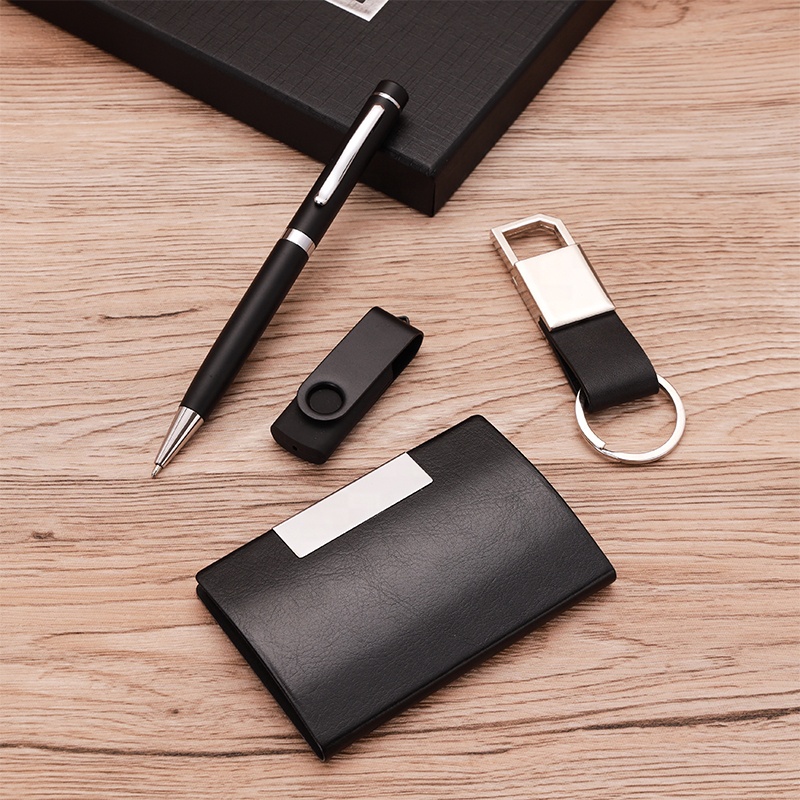 Custom Logo Promotional Waterproof Silk Screen Printed Card Holder Metal Pen Keychain Usb Flash Drive Mens Gift Box Set Luxury 3