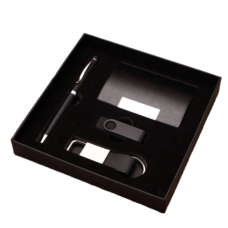 Custom Logo Promotional Waterproof Silk Screen Printed Card Holder Metal Pen Keychain Usb Flash Drive Mens Gift Box Set Luxury