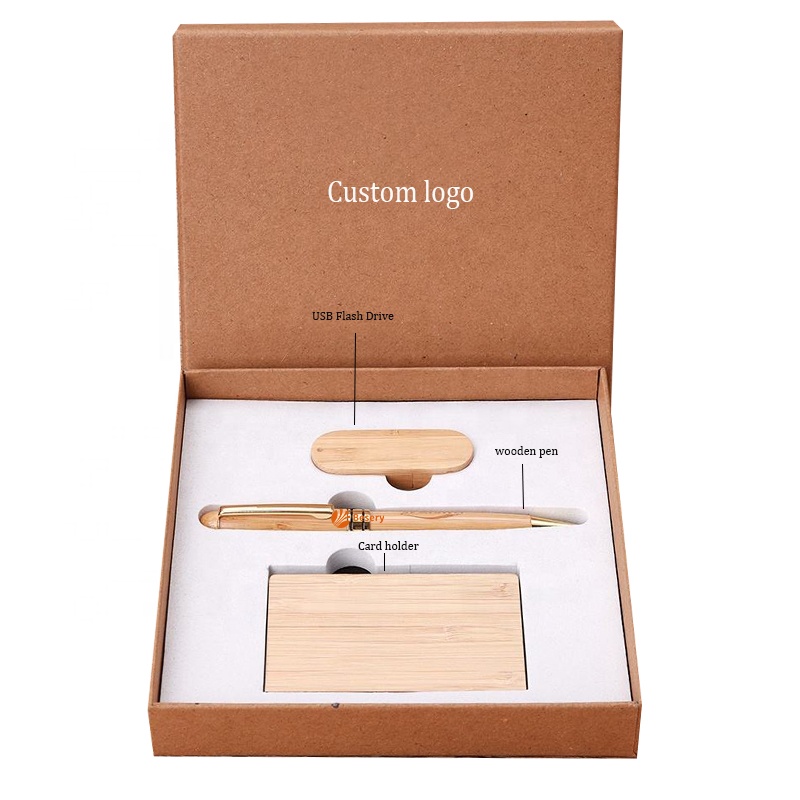 Luxury Custom logo Gift Corporate Souvenir Promotional Wooden Card Holder Pen USB Flash Combo Set Business Gift Set for Men