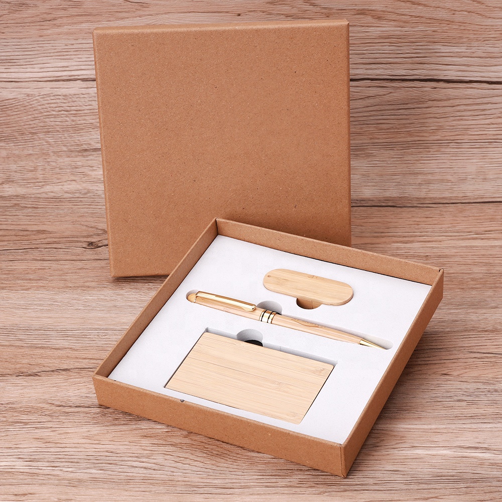Luxury Custom logo Gift Corporate Souvenir Promotional Wooden Card Holder Pen USB Flash Combo Set Business Gift Set for Men 2