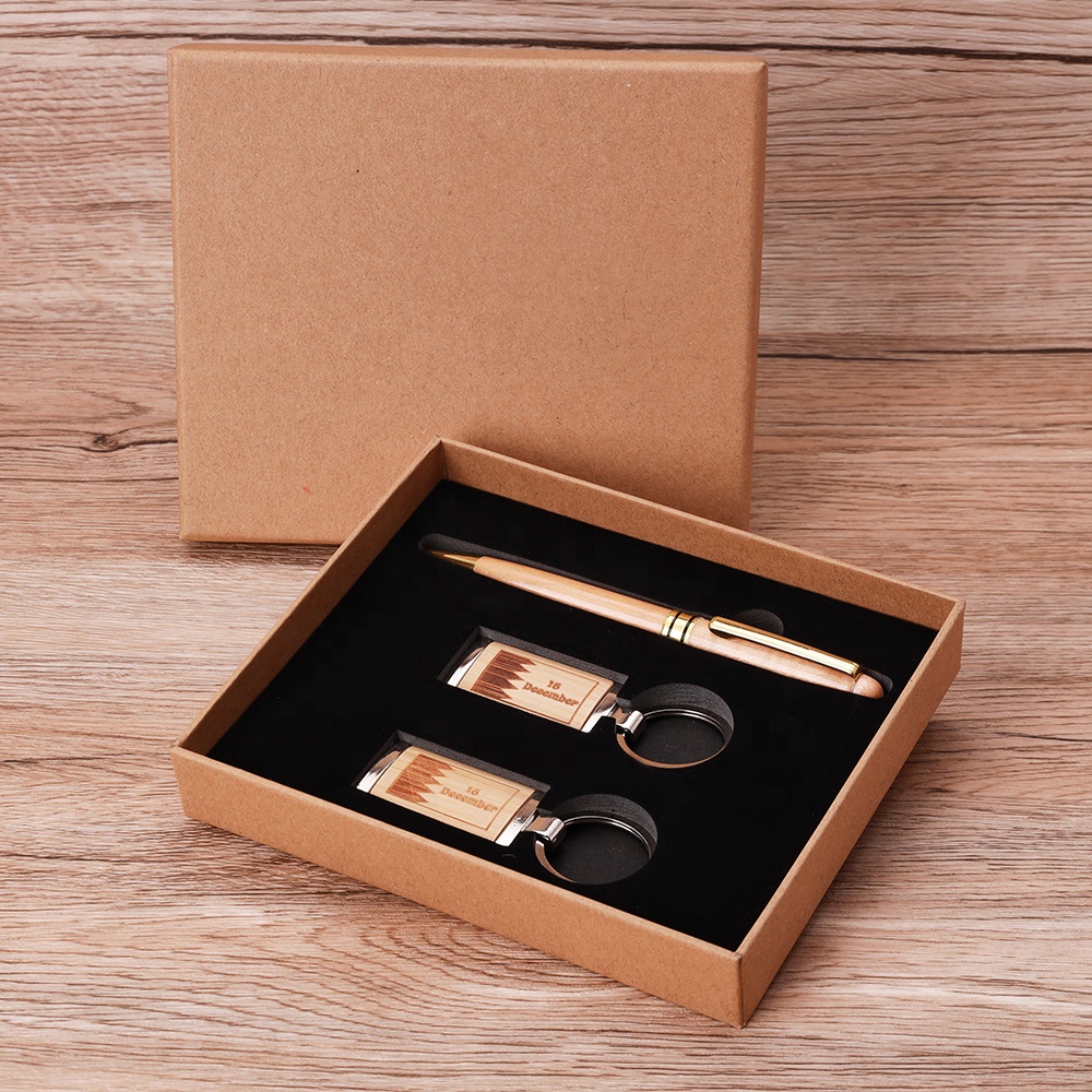 Luxury Custom logo Corporate Executive Souvenir Items Promotional Conference Wooden Pen Key Ring Combo Set Business Gift Set 2