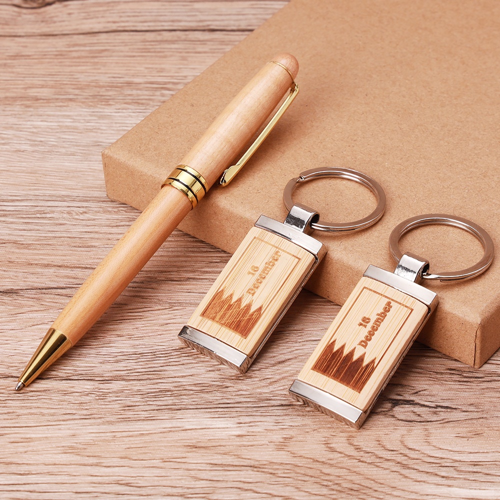Luxury Custom logo Corporate Executive Souvenir Items Promotional Conference Wooden Pen Key Ring Combo Set Business Gift Set 3