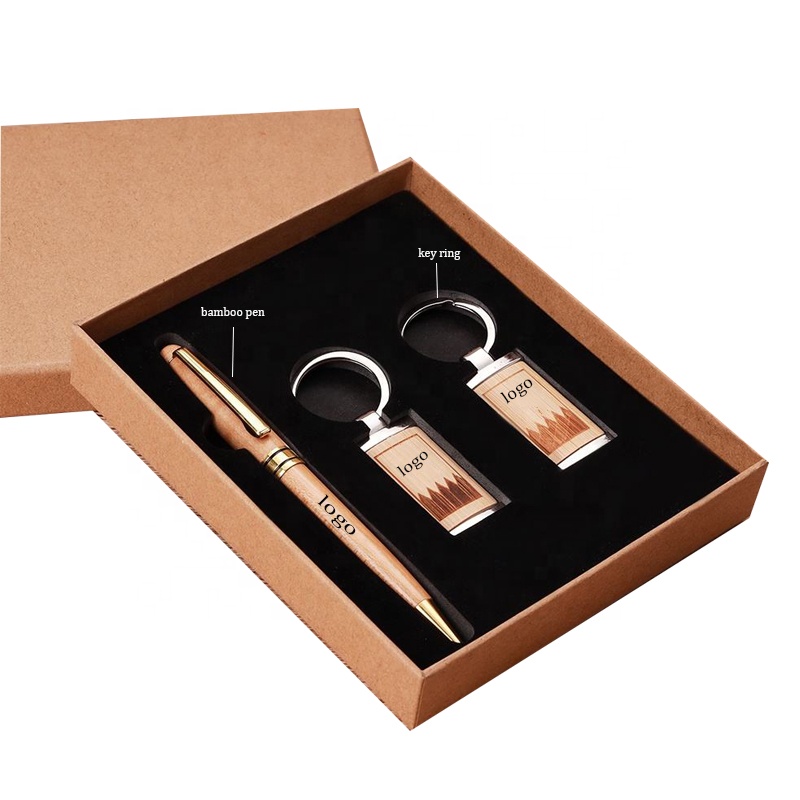 Luxury Custom logo Corporate Executive Souvenir Items Promotional Conference Wooden Pen Key Ring Combo Set Business Gift Set