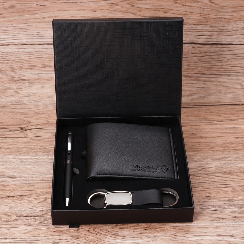 Men Wallet Pen Keychain Set Box Promotional Office Business Custom logo Giveaway Souvenir Corporate Gift Set 2