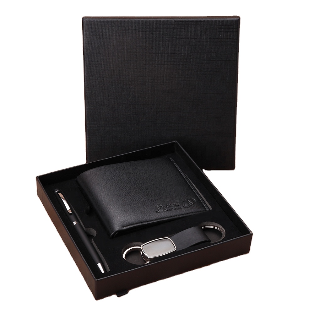 Men Wallet Pen Keychain Set Box Promotional Office Business Custom logo Giveaway Souvenir Corporate Gift Set