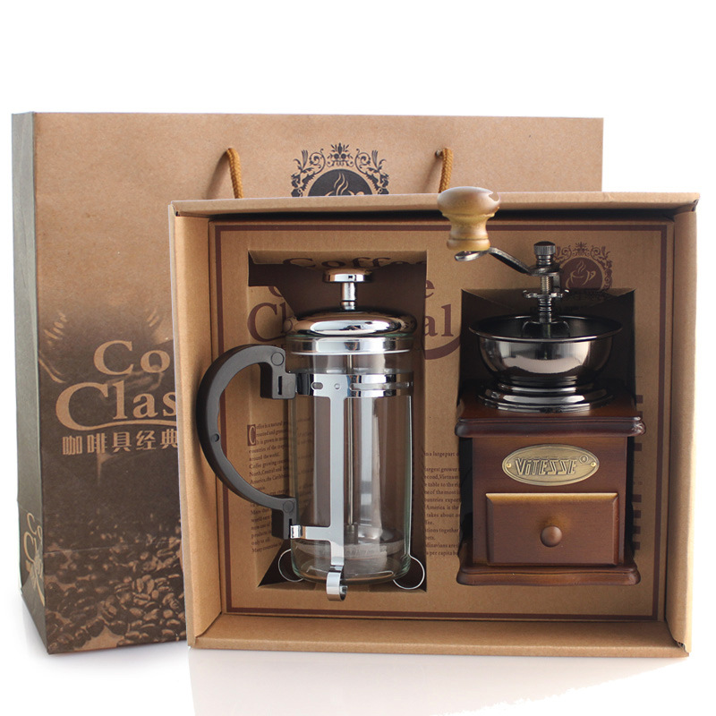 Wholesale Grinder Press Pot Set Coffee Tool Gift Box French Glass Press Pot and Wooden Hand Grinder