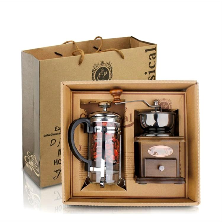 Wholesale Grinder Press Pot Set Coffee Tool Gift Box French Glass Press Pot and Wooden Hand Grinder 2