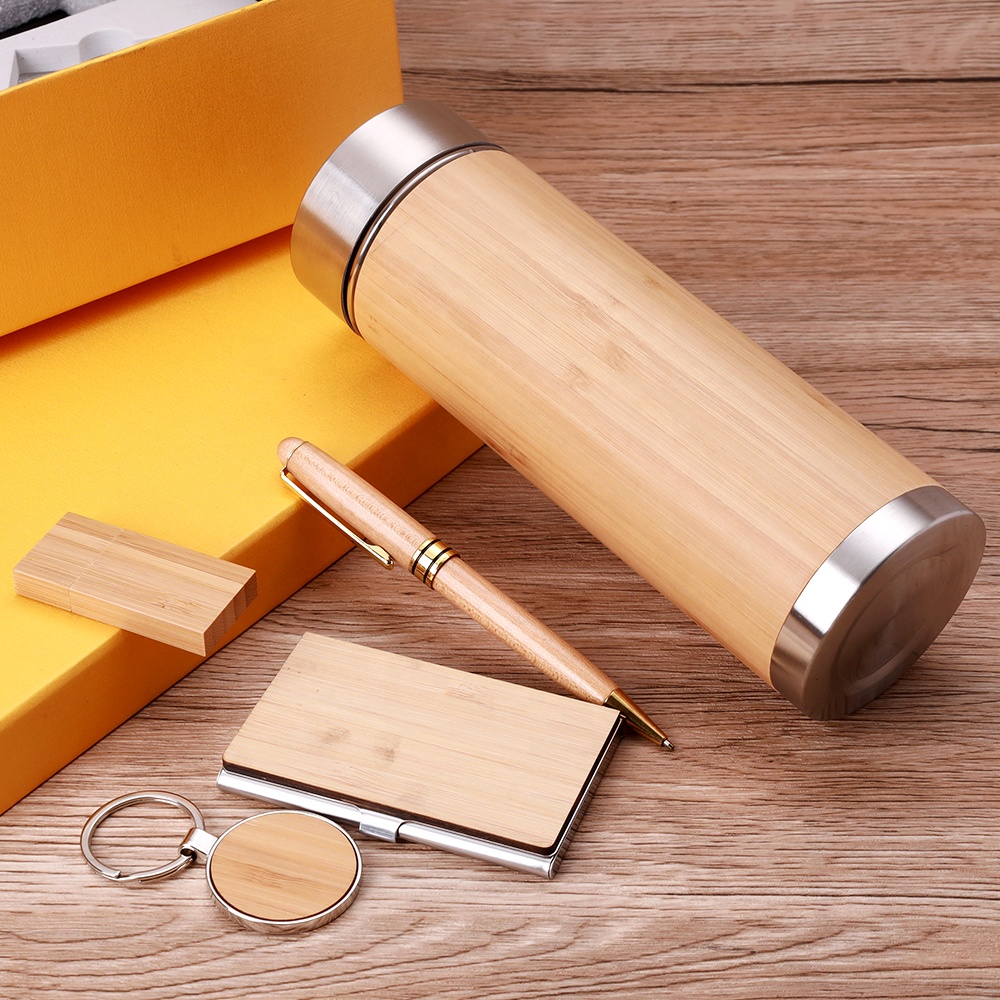 Custom Corporate Executive Set Promotional WoodenThermos Flask USB Flash Drive Cardholder Combo Set Business Gift Set for Men 2