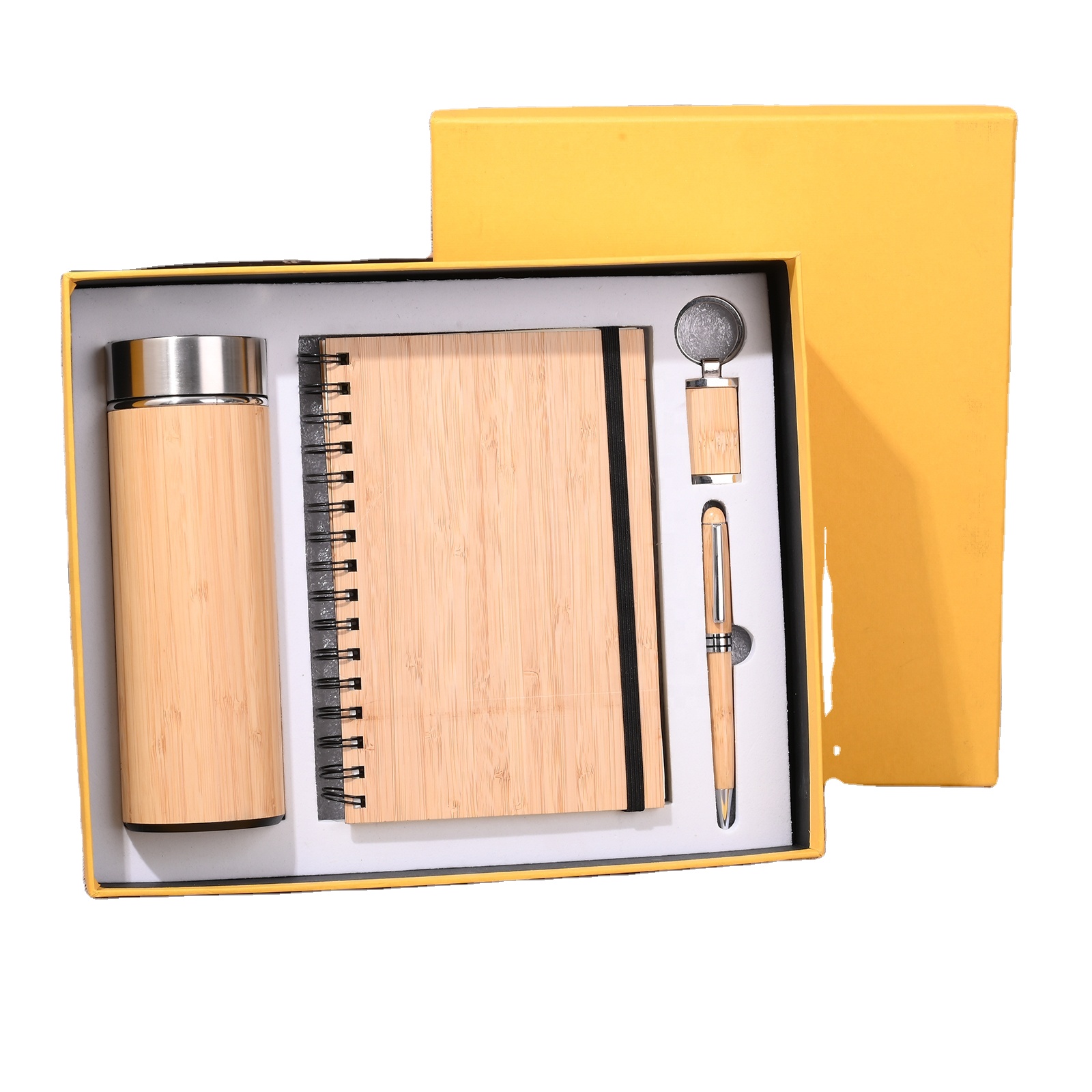 Eco Custom logo Promotional Wood A5 Notebook Thermos Flask Pen Keychain 4in1 Corporate Gift Box Set Business Gift Set for Man
