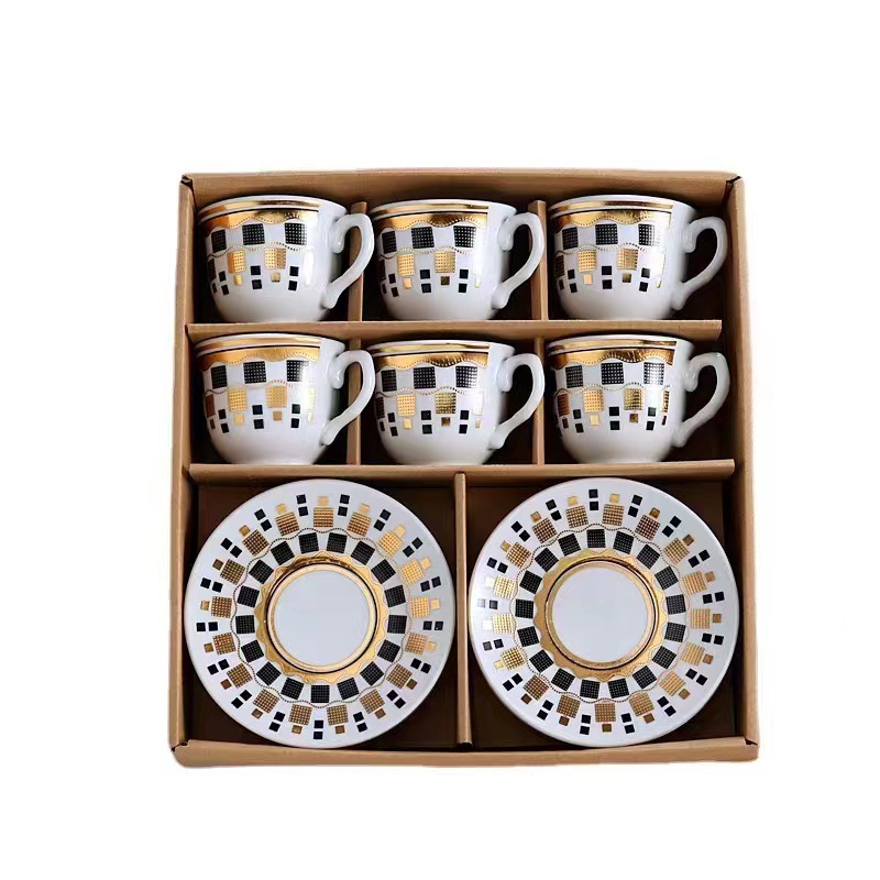 Wholesale Luxury Personalized Silk Screen Printed Tea Cup Ceramic White Gold Pattern Coffee Milk Porcelain Cup Saucer Gift Set