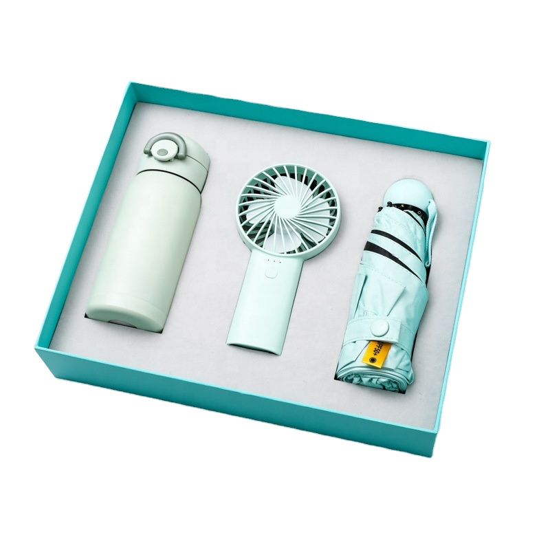 Wholesale 2024 Business Corporate Gift Set Stainless Steel Paper Water Cup Fan Umbrella Hand Fan-Custom Logo Silk Screen Printed