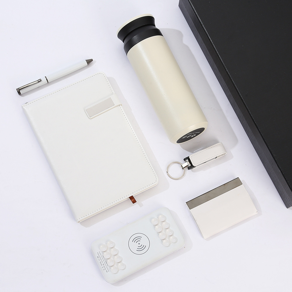 Business Gifts Custom Logo VIP Customers Wireless Charging Powerbank Smart White Notebook Set With Pen Flash Drive Vacuum Cup 3