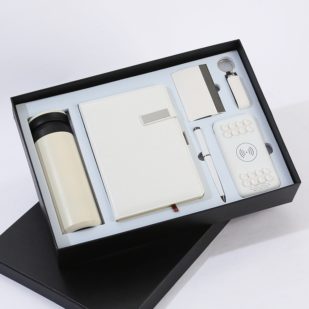 Business Gifts Custom Logo VIP Customers Wireless Charging Powerbank Smart White Notebook Set With Pen Flash Drive Vacuum Cup