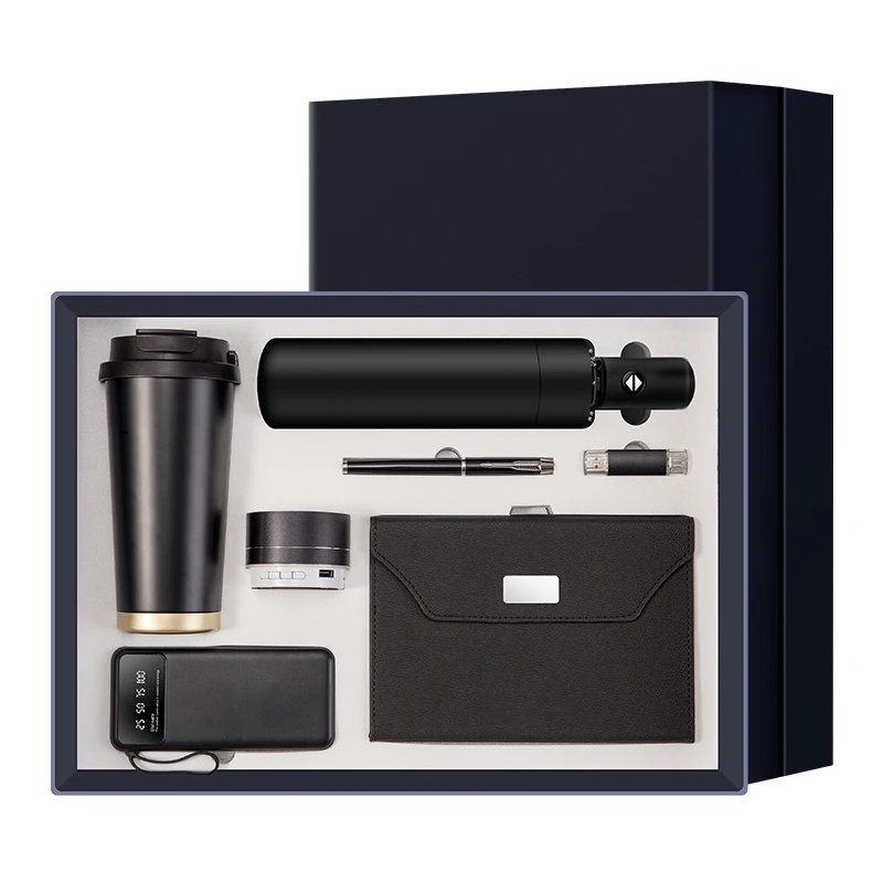 Luxury Promotional Custom PU Leather Notebook with Pen Vacuum Bottle Usb Flash Drive Umbrella Power Bank Business Gift Box Set