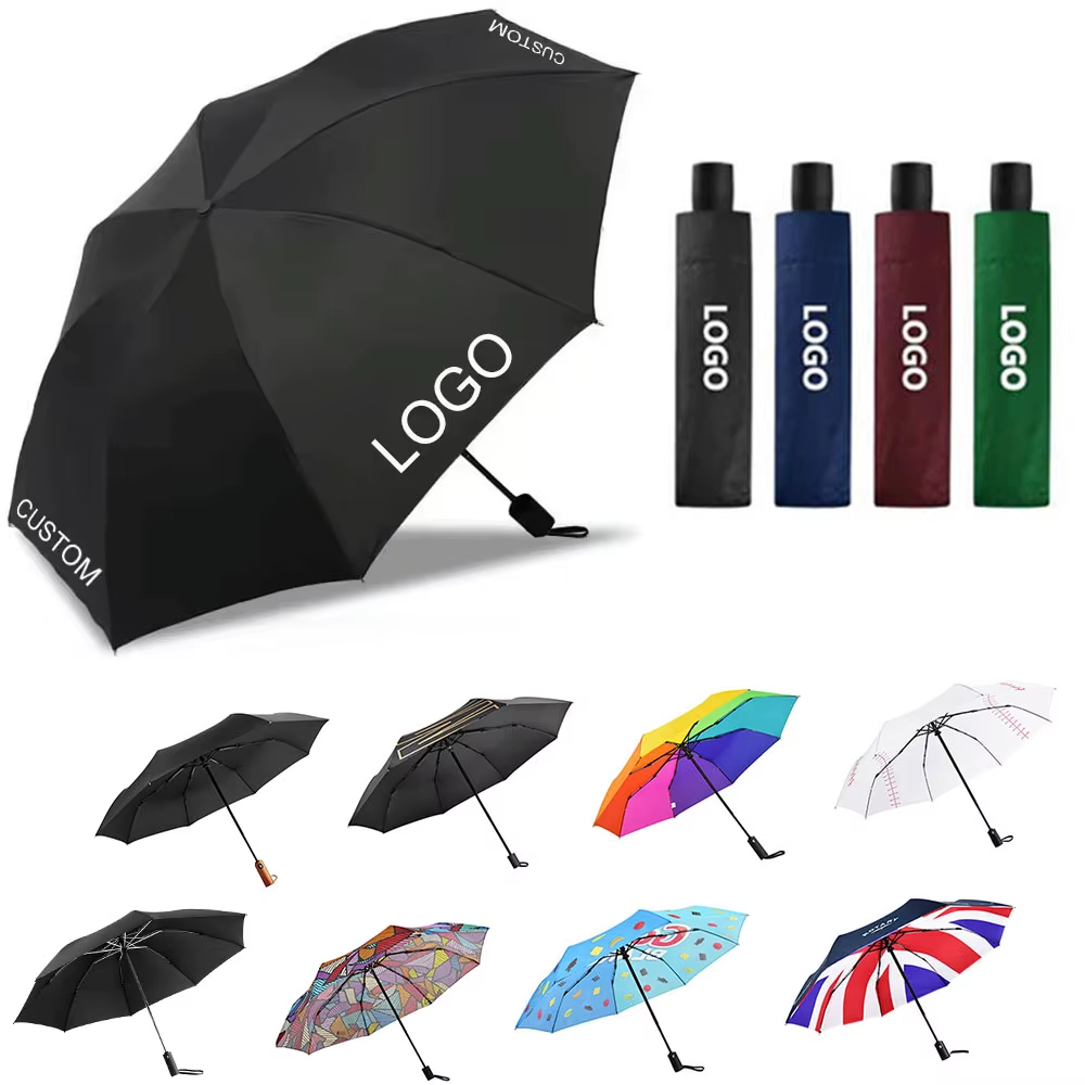 Promotional Manual Automatic Open Waterproof Customized Colors Windproof Foldable Travel Three-Folding Umbrella with Custom Logo