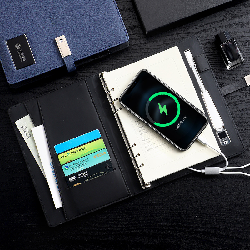 Custom LOGO Multifunctional Pu Leather Diary Planner Wireless Power Bank Notebook Notepad With Charging 2