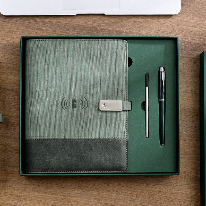 Custom Logo Exquisite Power Bank Notebook Souvenir Wireless Charger A5 Size Thread Sewing Binding Gift Set Box Pen Flash Drive