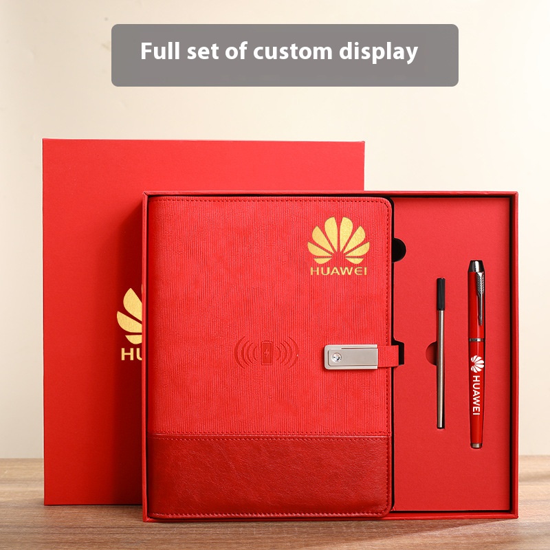 Custom Promotional Smart Leather Notebook Power Bank Wireless Charging Replaceable Paper Core USB Disk Lock Business Gift Set