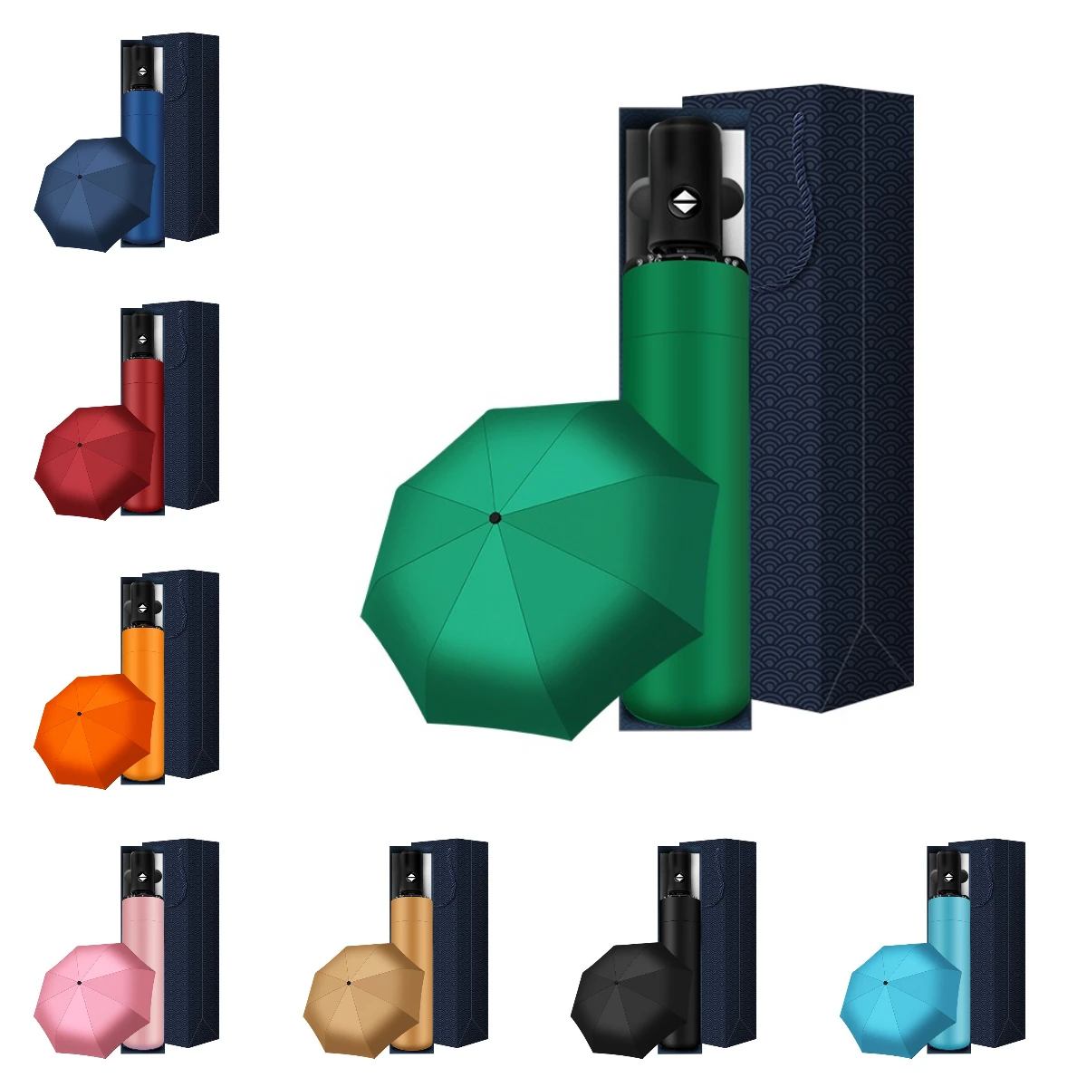 Stock Promotional Custom Silk Screen Printed Logo Automatic Close Open Umbrella with Folding Box Nylon/Paper Business Gift Set