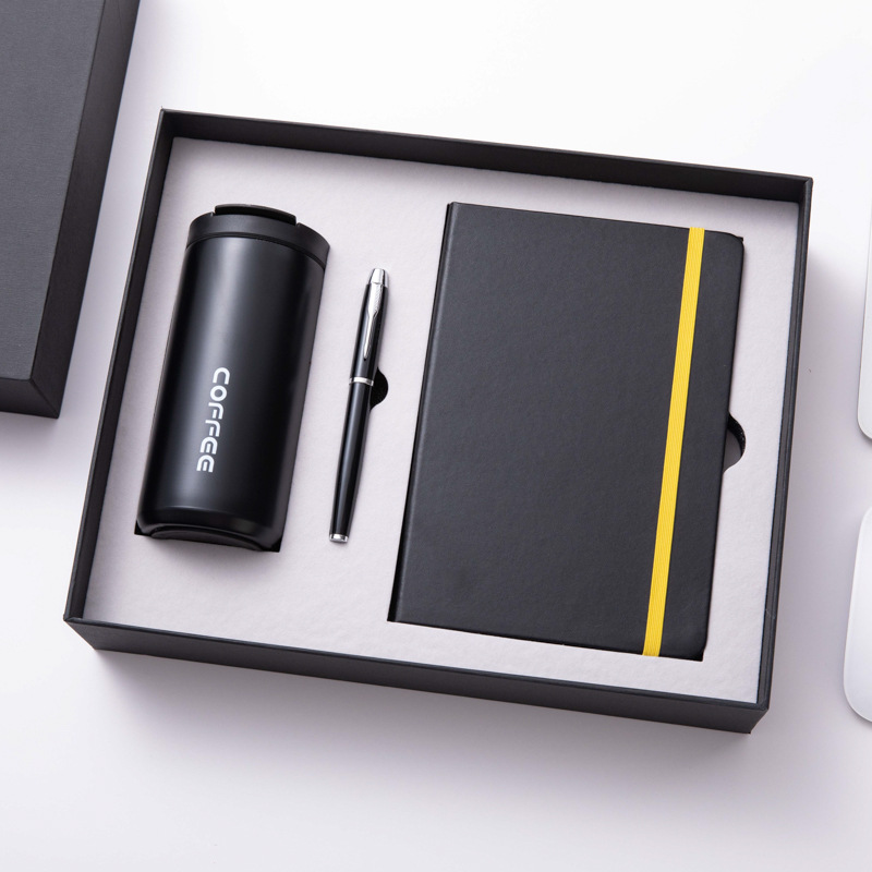 Promotional Luxury PU Leather Business Notebook & Insulated Coffee Cup Gift Set with Embossed Design-Meeting Record & Pen